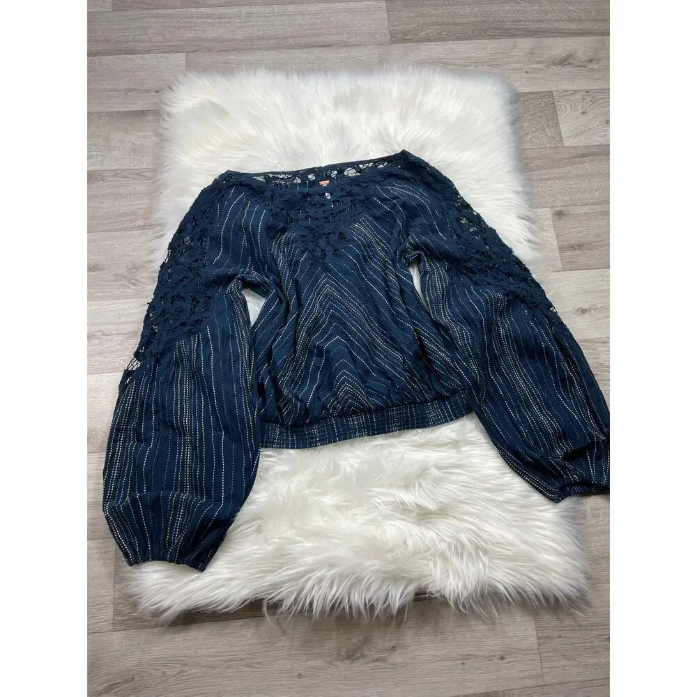 🔥Free People Floating Memories Navy Blouse Lace Panel Balloon Sleeves Boho M